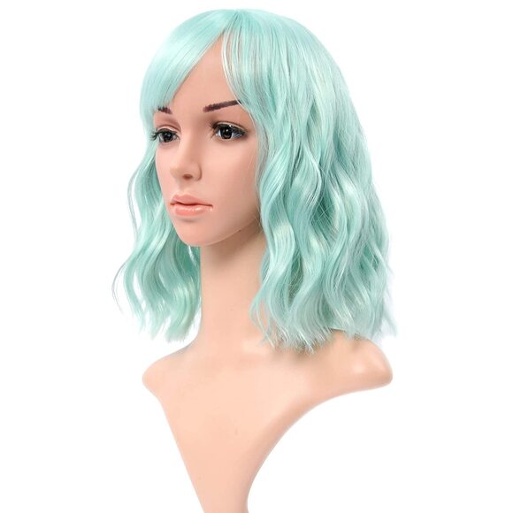 Women's Short Light Green Wigs Curly Wavy Shoulder Length Pastel Bob - Picture 1 of 3